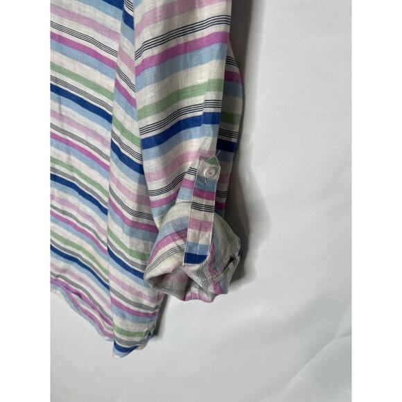 Talbots size XLP shirt pop over 100% linen roll tab sleeve striped multicolor - Picture 8 of 8